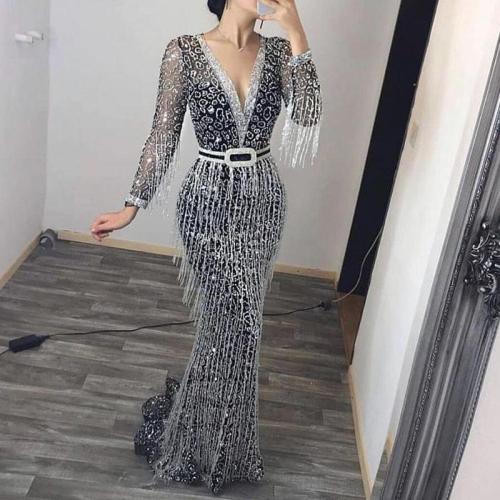 Sexy Deep V Long Sleeve Sequined Tassel Evening Gown