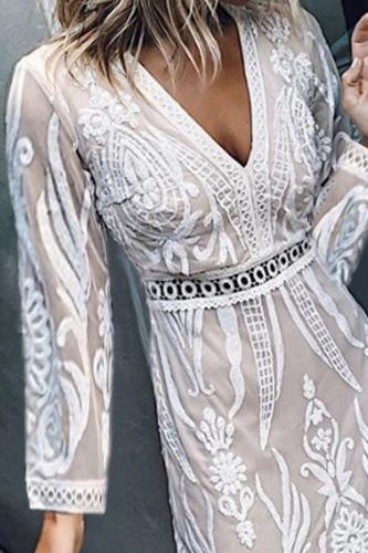 V-Neck Decorative Lace Brocade Casual Dresses