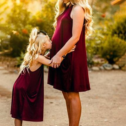 Mom Girl Solid Color Halter Shift Matching Dress