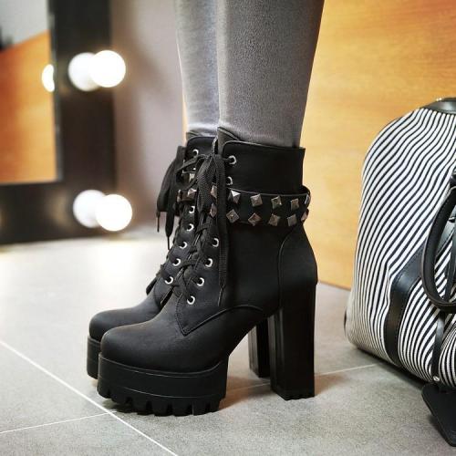 Platform Round Toe Lace Up Rivets High Chunky Heels Short Boots
