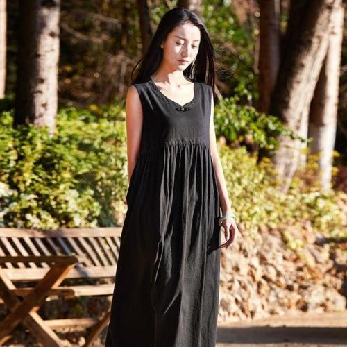 V Neck Black Linen Dress | Lotus