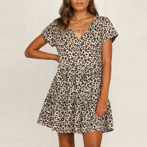 Fashion Sexy V-Neck Leopard   Print Ruffled Dress