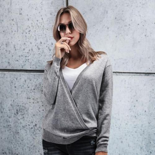 Casual Fashion Loose Plain Deep V Collar Long Sleeve Sweaters