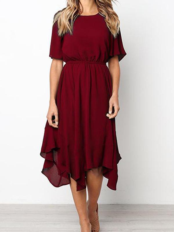 Fashion Short Sleeve Irregular Waist Pure Colour Mini Dresses