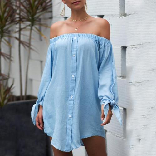 Brief Boat Neck Long Sleeve Pure Color Casual Dresses