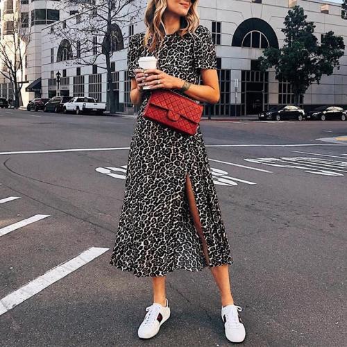 Casual Short Sleeve Printed Colour Round Neck Slit Dress