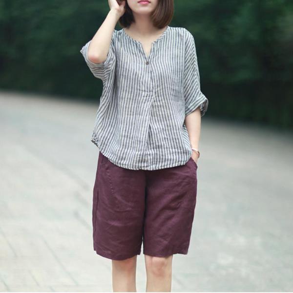Cotton and Linen Casual Striped Blouse