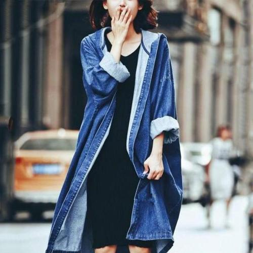 Fashion Pure Color   Baggy Medium Length Hooded Trench Coat Jeans Jacket