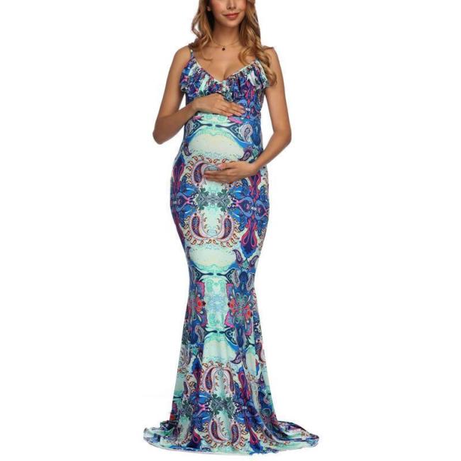 Maternity Floral V-Neck Sleeveless Floor Length Dress