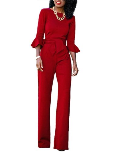 Casual Belted Pure Colour Round Neck Jumpsuits