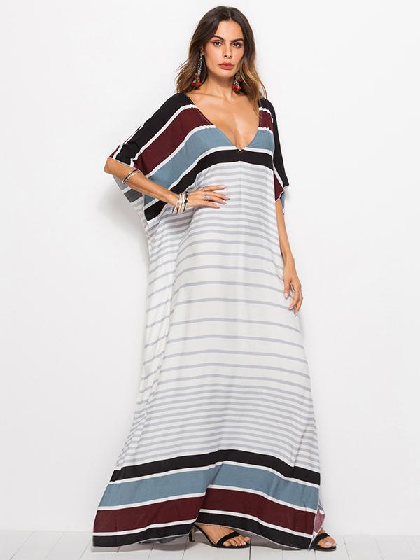 Loose V-neck Striped Maxi Dresses
