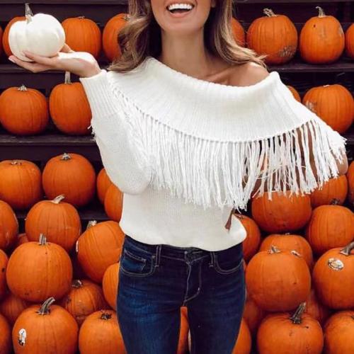 Casual Pure Colour Loose Off-Shoulder Tassel Sweater