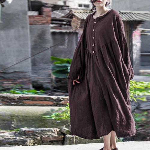 Pleated Linen Dress with Lantern Sleeves