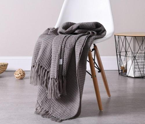 Waffle Checks Casual Plaid Knit Blanket with Tassel Thin Knitted Blanket for Bed Sofa Cover Bedspread Throw Blanket Anti-Pilling