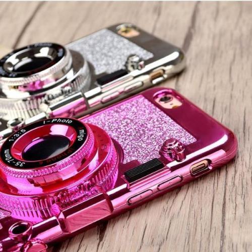Sparkling Glitter Camera Phone Case with Mirror Kickstand & Strap