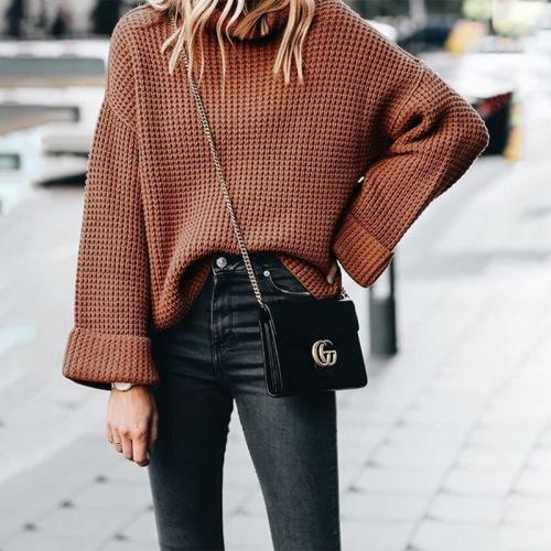Casual High-Necked Bell Sleeve Sweater