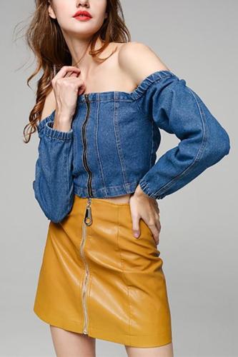 Casual Sexy Long   Sleeve Jeans Shirt With A Wide Neck And Bare Shoulders