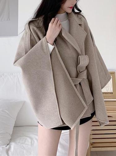 Fashion Belted Pure Colour Slim Long Sleeve Coat