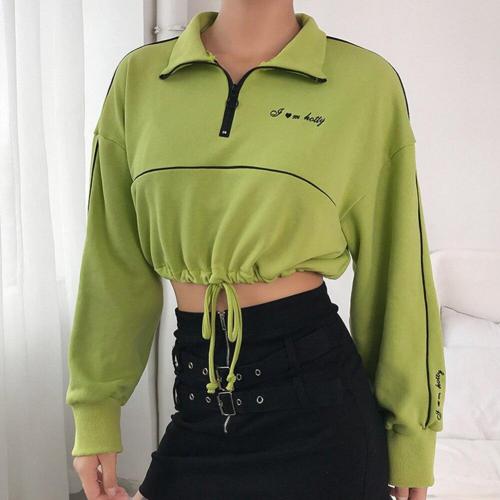 Crop Sweatshirt Women Pullover T Shirt Cotton Green Long Sleeve harajuku tshirt Patchwork Sweatshirt camiseta mujer