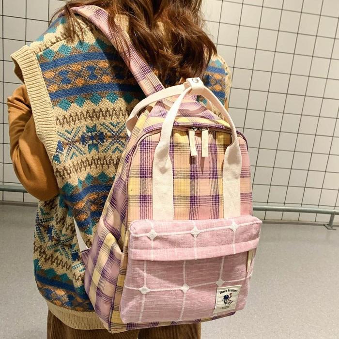 Female Plaid Cute Backpack Striped Women Canvas School Bag Vintage Girl Kawaii Backpack Harajuku Ladies Luxury Bags Student Book