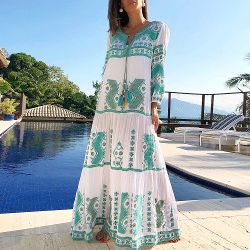 Spring Summer Cotton And Linen Floral Printed Vacation Dress