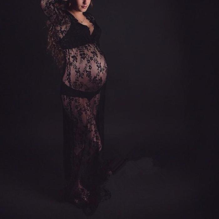 Maternity Solid See-Through Lace Dress