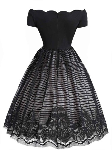1950s Mesh Patchwork Off Shoulder Dress