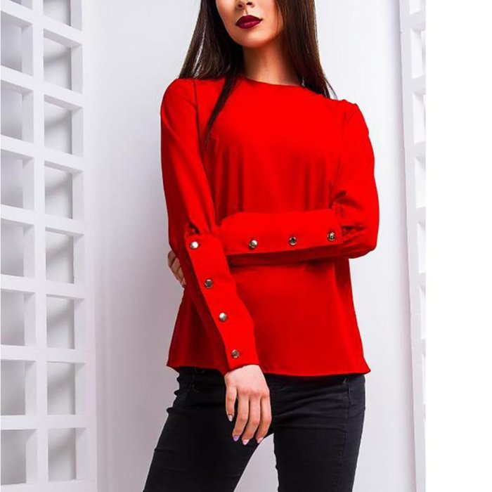 Round Neck Long Sleeve Button Fashion Blouses