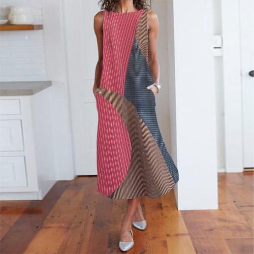 Vintage Sleeveless Striped High-Waist Contrast Color Dress