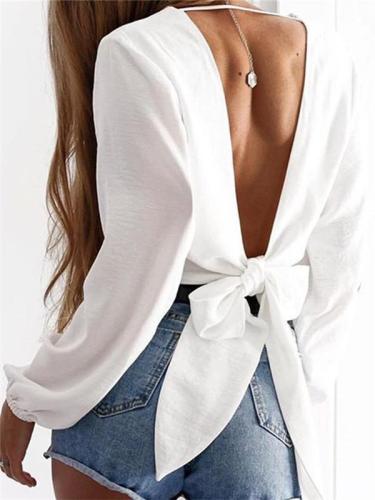 Bare Back Sexy V-Neck Long Sleeve Solid Color T-Shirt