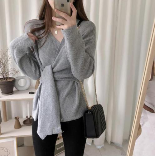Casual Simple High   Waistlace Up  Knitted Sweater Blouse