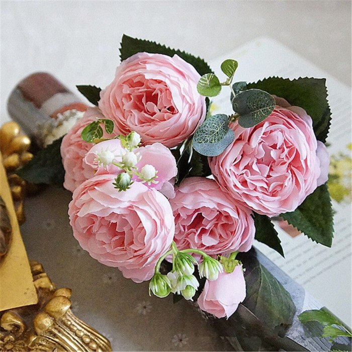 30cm Rose Pink Silk Peony Artificial Flowers Bouquet 5 Big Head 4 Bud Fake Flowers for Home Wedding Decoration Marriage Faux