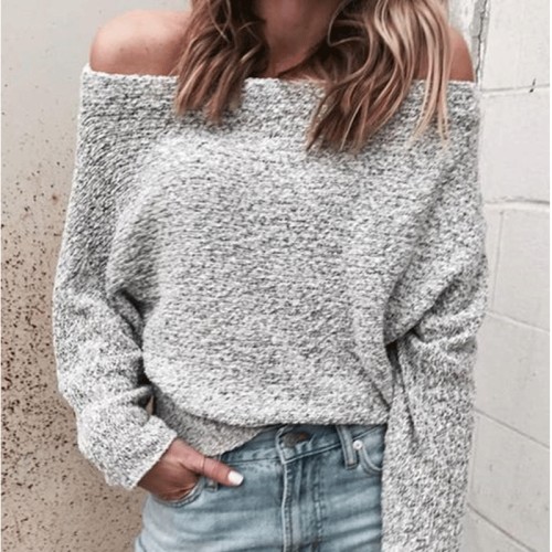 Fashion Sexy Shoulder   Color Long Sleeve Loose Sweater