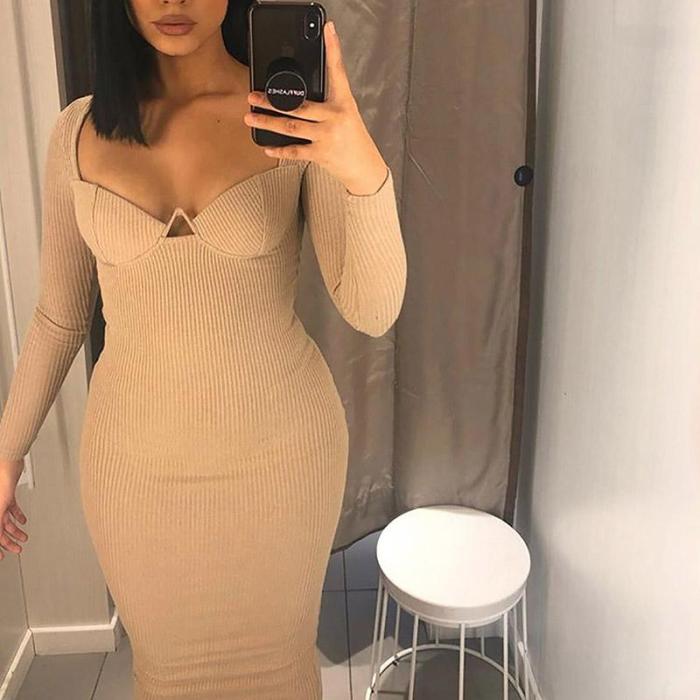 Solid Color And Long Sleeve Sexy Bodycon Dress