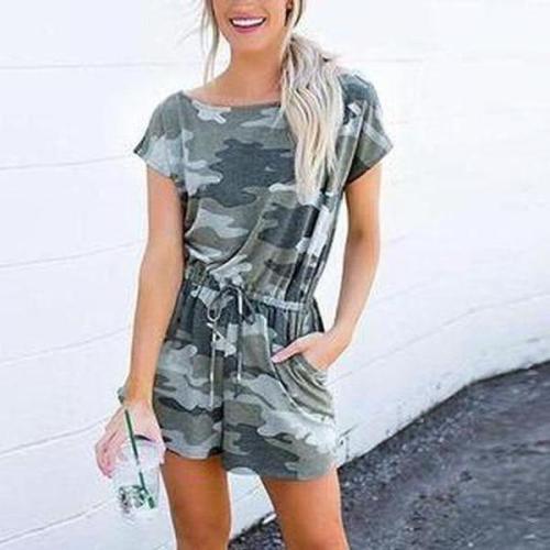 EBUYTIDE Simple Round Neck Short Sleeve Fitted Camouflage Jumpsuit