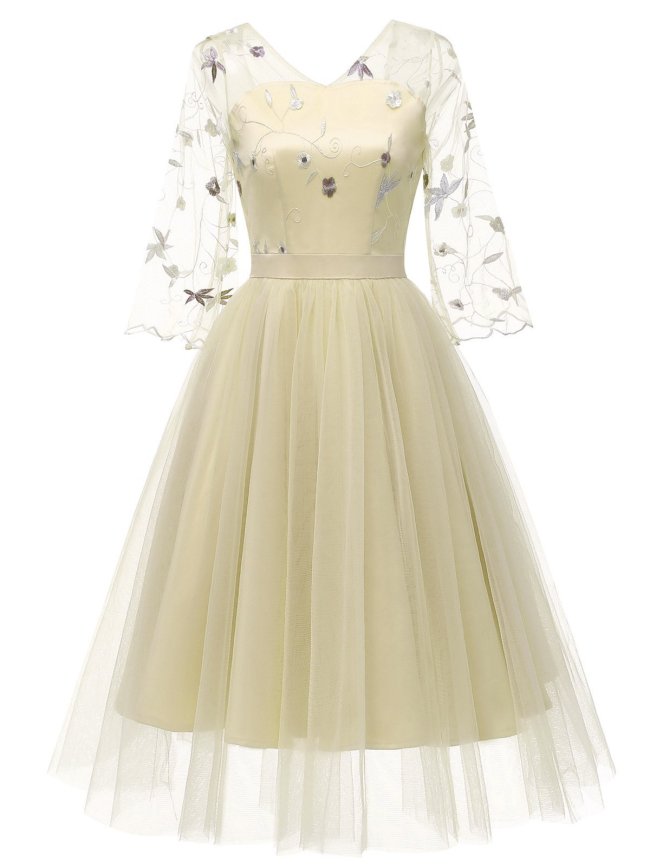 1950s Lace Embroidery Mesh Chiffon Dress