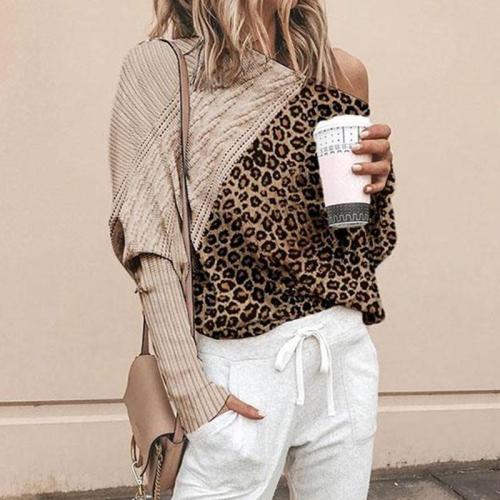 Women's Fashion Leopard Print Sloping Shoulder Loose Blouse