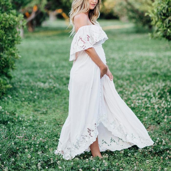 Maternity Solid White Lace Off Shoulder Dress