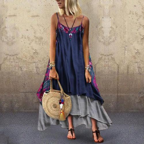 National Wind Printing Splice Strap Casual Dress