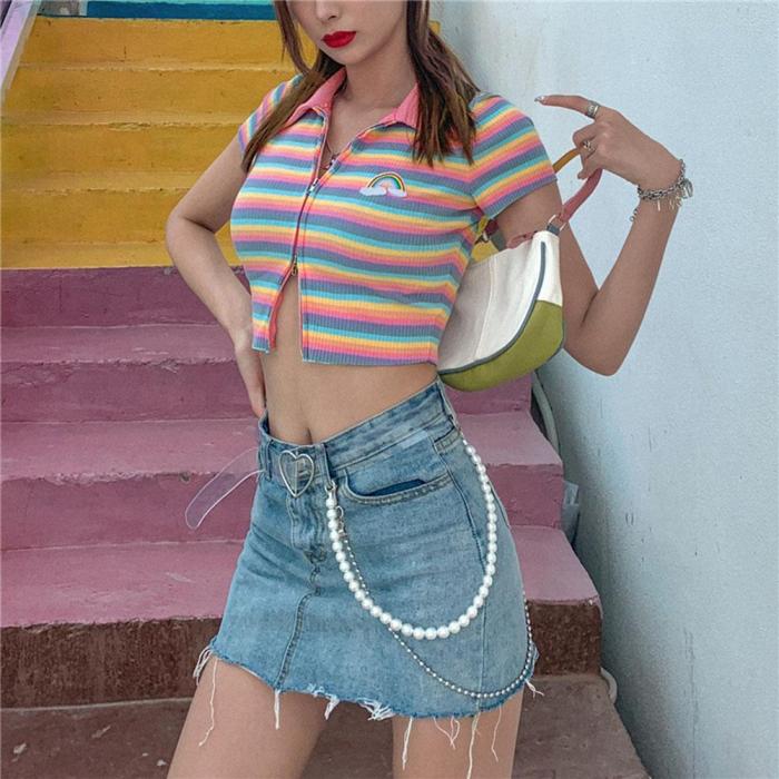Rainbow Embroidery Zipper Striped Crop Tops
