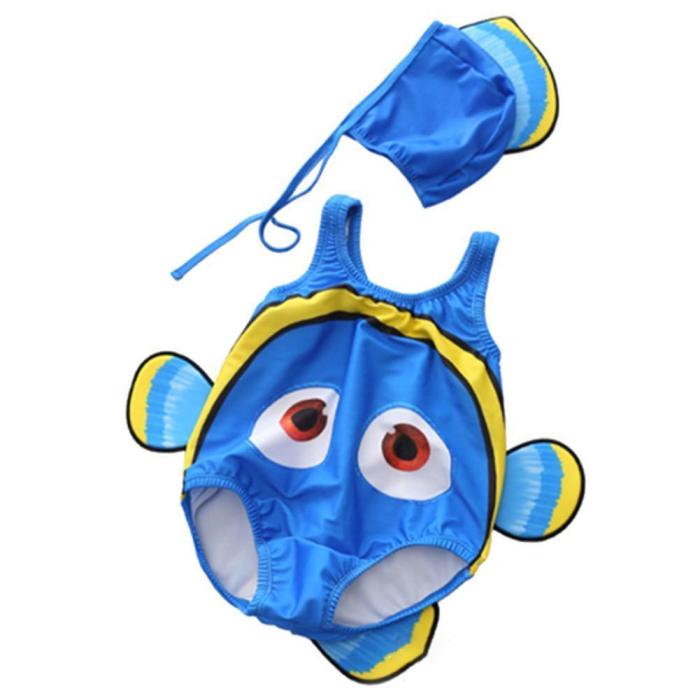 Toddler Baby Boy Girl Clown Fish Swimsuit Onepiece Swimwear with Swim Hat