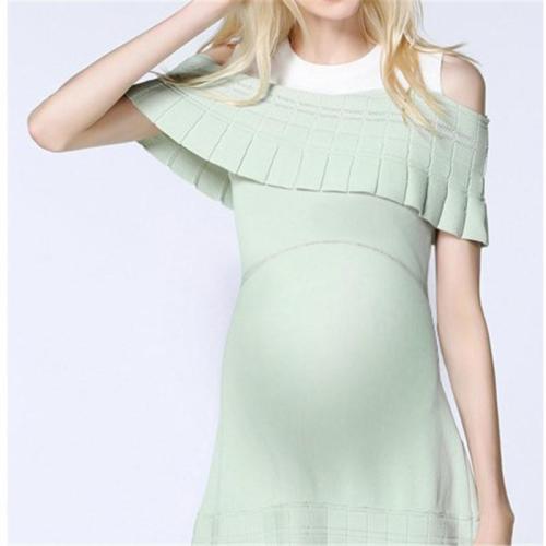 Maternity Round Neck Off-Shoulder Stitching Color Skirts