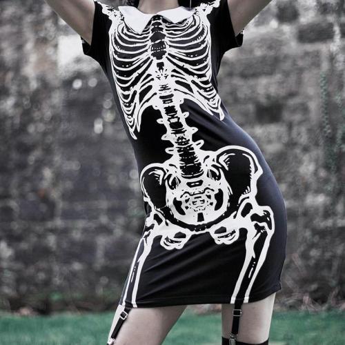 Summer Sexy Gothic Adult Women Halloween Scary Black Skull Printed Mini Dress Short-Sleeve Skeleton Party Punk Cosplay Costumes