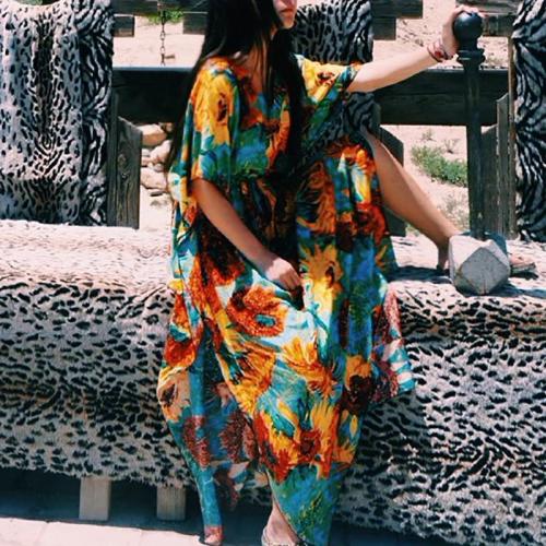 Bohemian Printed Colour Batwing Sleeve Belted Dress