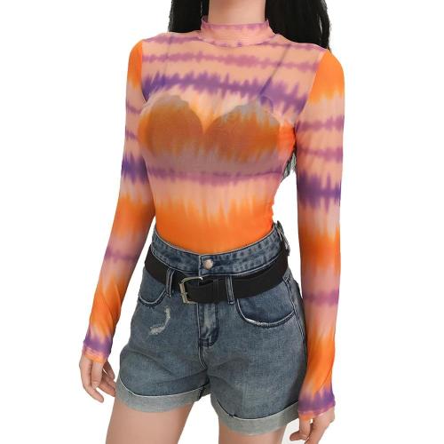 Casual Colorful Mesh Transparent Turtleneck T-shirt Women 2019 Summer Streetwear Full Sleeve Transparent Tee Tops