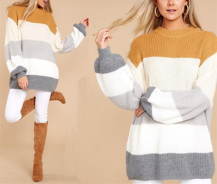 Color Block Stitching Long And Loose Knitted Sweater
