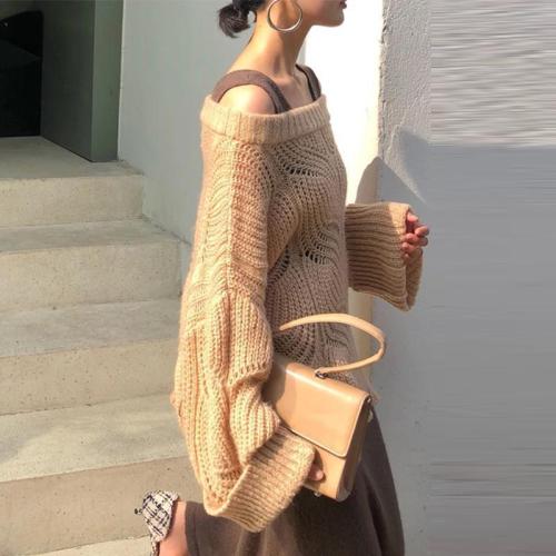Off-Shoulder Fashion Long Sleeve Pure Colour Sweater