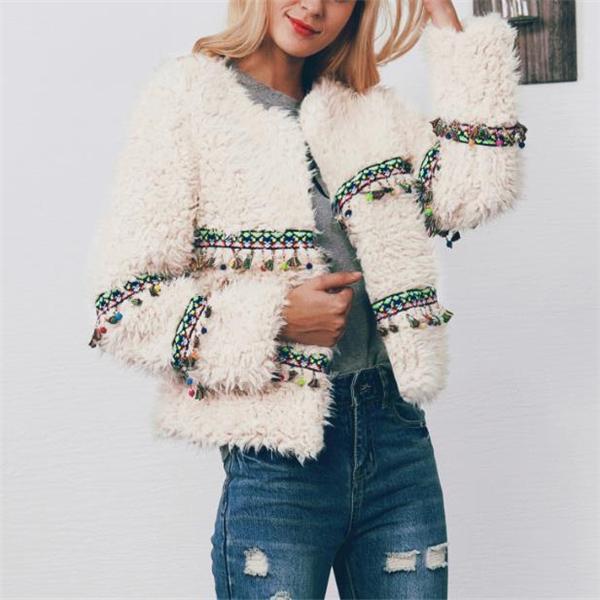 Casual Fashion Sweet Fur Fringe Front Solid Color Long Sleeve Cardigan