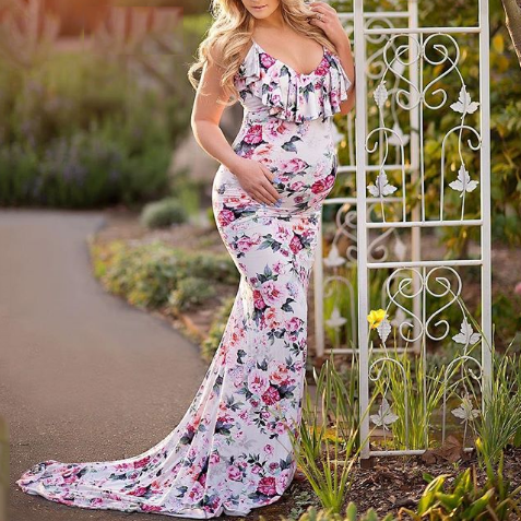 Maternity Floral Print Flounced Floor-Length Dress