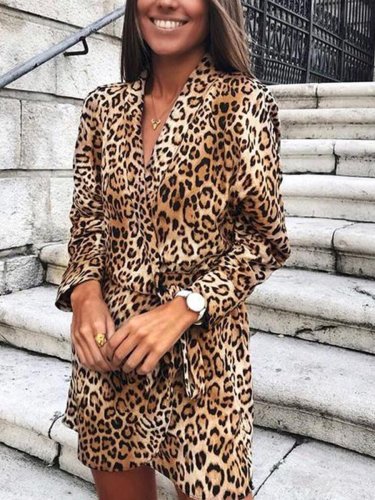 V Neck Long Sleeve Leopard Printed Belt Casual Dress